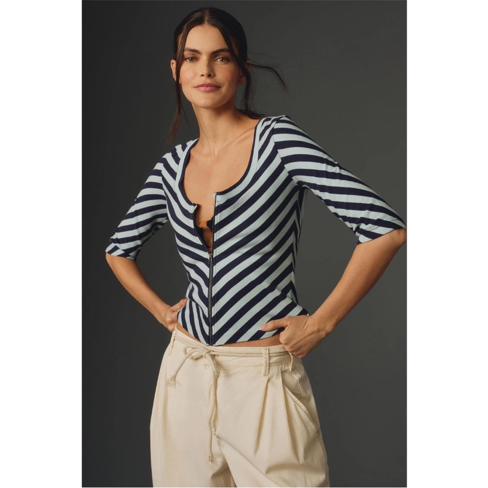 Anthropologie Maeve Zip Up Scoop Neck Top Small Blue Stripes NWT